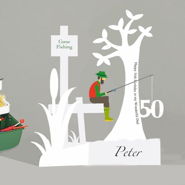 Personalised Fishing 3D Birthday card for a Dad, Husband, Son, Grandson, etc