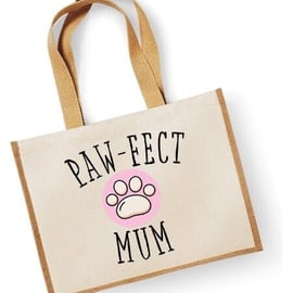 Paw-Fect Mum Large Jute Shopper Bag Mothers Day Birthday Christmas Pet Paw Cat 