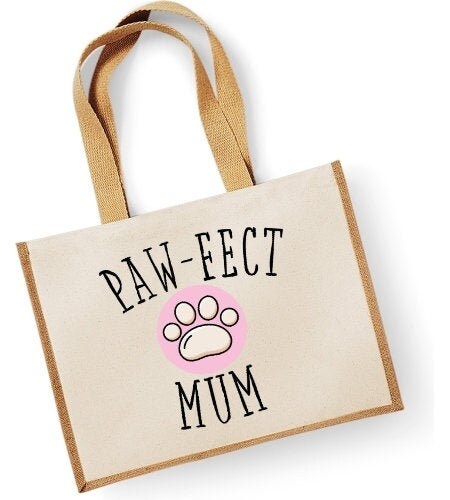 Paw-Fect Mum Large Jute Shopper Bag Mothers Day Birthday Christmas Pet Paw Cat 