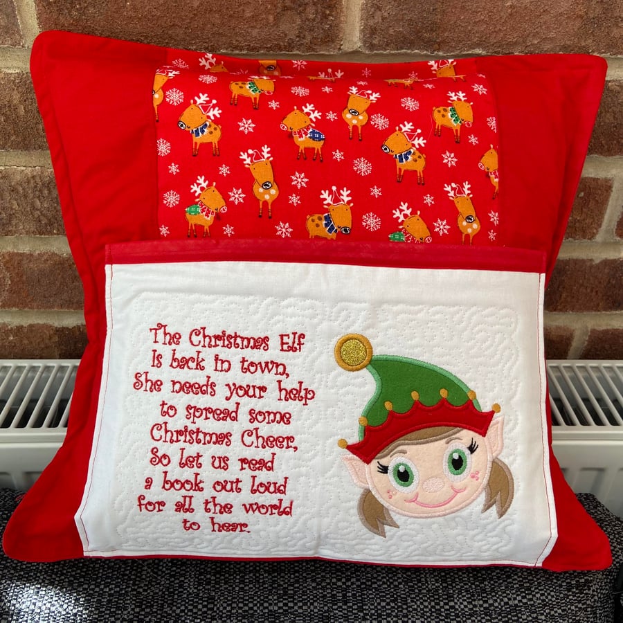 Christmas Elf Reading Book Pocket Cushion with envelope back Girl