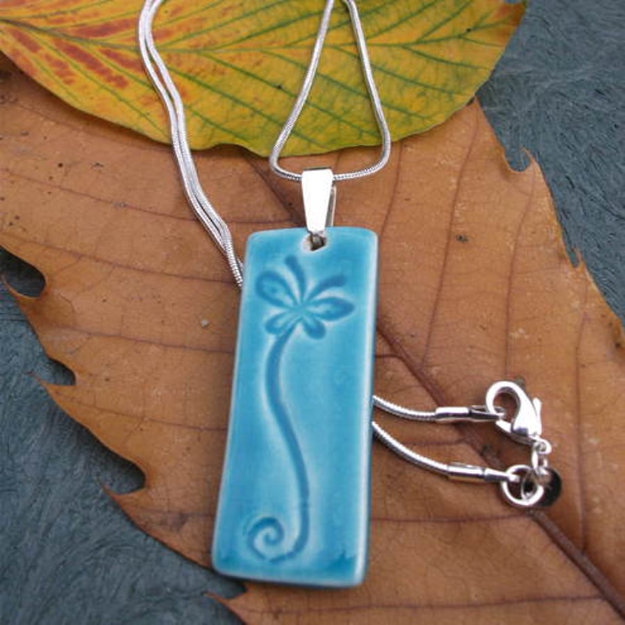 Turquoise Ceramic Pendant Necklace with Impressed Dragonfly