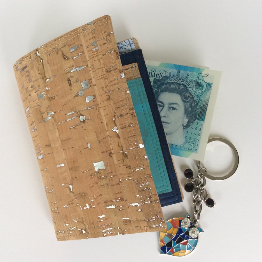 Wallet, cork fabric with silver flecks 