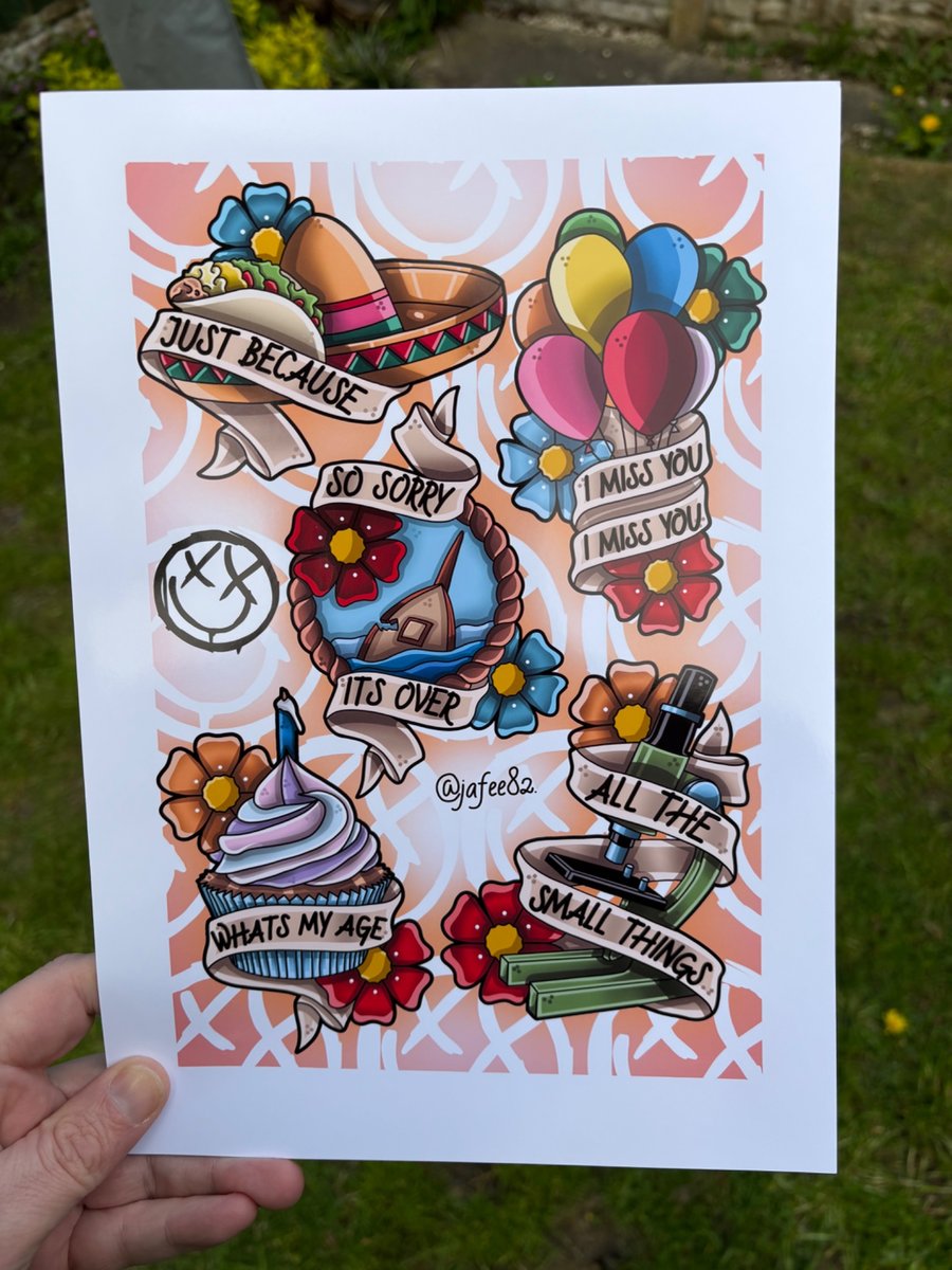 Blink 182 inspired Full Colour New School Tattoo Flash Print