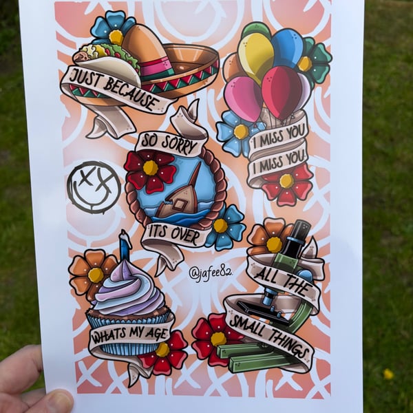 Blink 182 inspired Full Colour New School Tattoo Flash Print