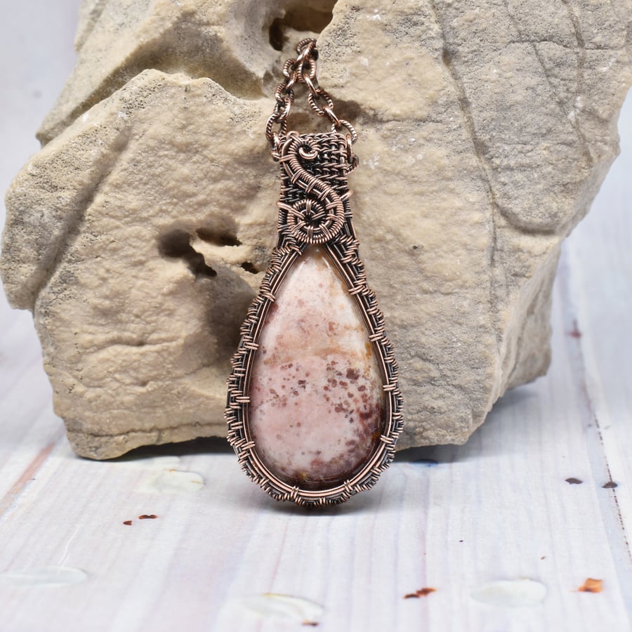 Pink Jasper and Copper Wire Woven Pendant