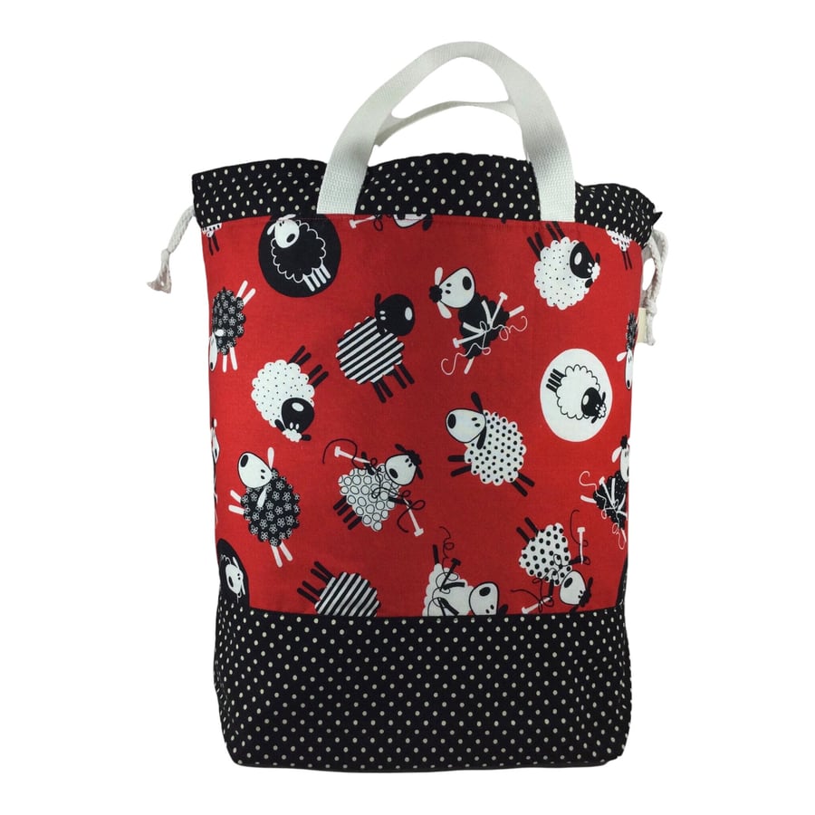 Extra Large drawstring cotton knitting and crafting bag, sheep multi pockets bag