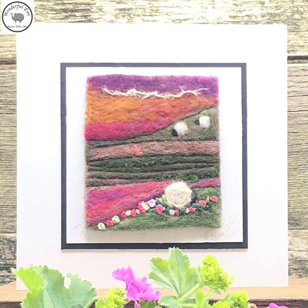 Greeting card landscape summer sheep felt painting letterbox gift fibre art