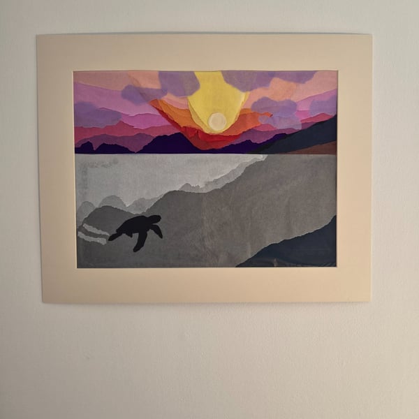 Original Paper Collage Seascape - Sunset Turtle