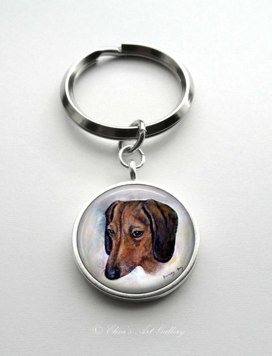 Silver Plated Dachshund Dog Art Cabochon Keyring