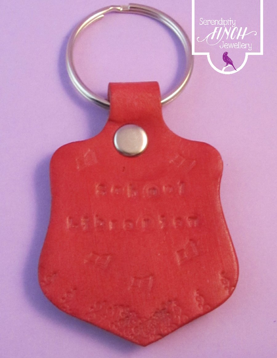 School Librarian Red Leather Keyring, Hand Stamped Leather Keyring