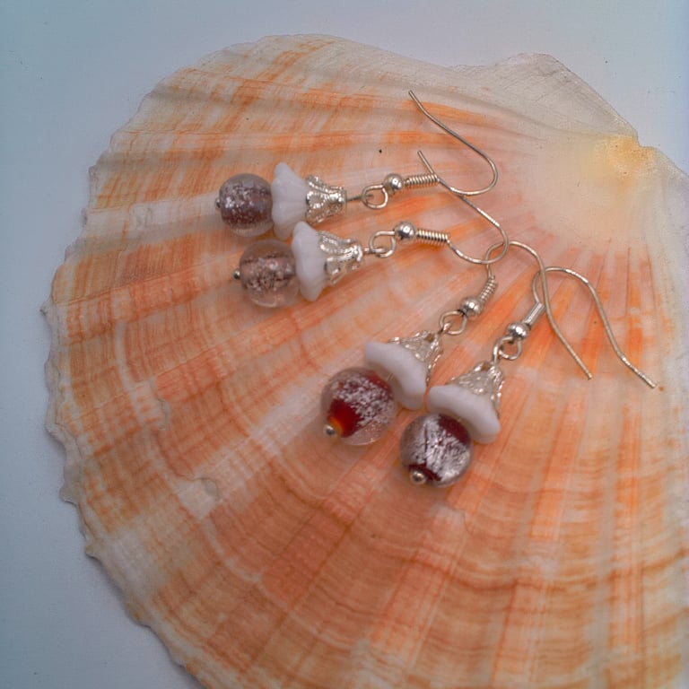 White Flower Bead, Silver Bead Cap and Glass Bead with a Silver Centre, Earrings