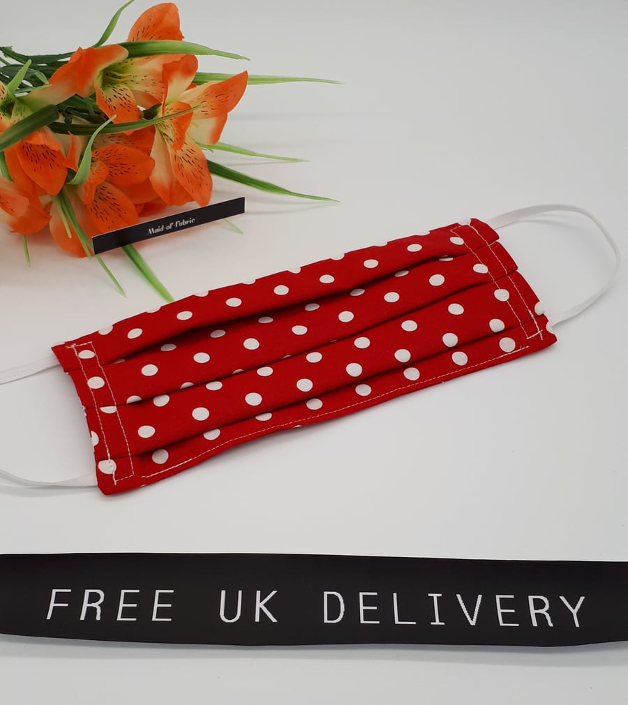 Face mask,  large, 3 layer, machine washable in red and white polkadot.  