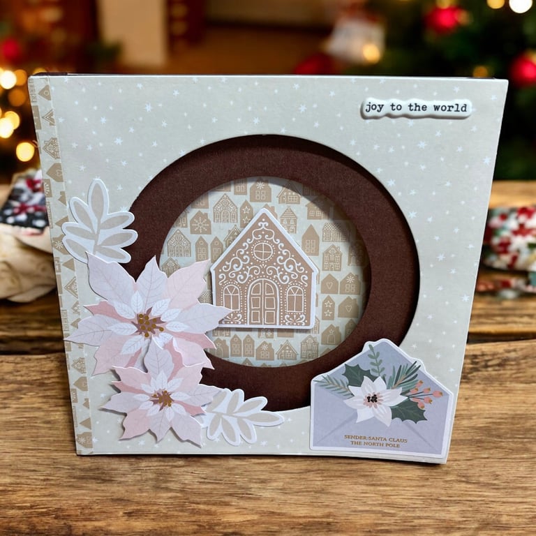 Shadow Box Christmas Card – Neutral Winter Homes with Poinsettias