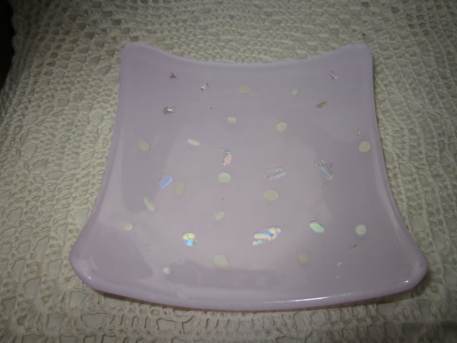 Handmade fused glass candy bowl - clear dichroic and vanilla on delicate pink