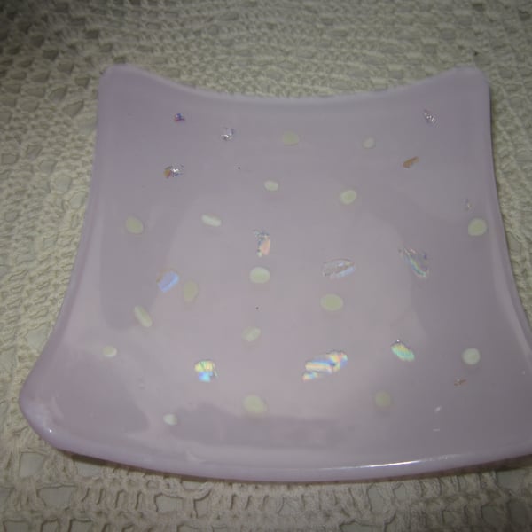Handmade fused glass candy bowl - clear dichroic and vanilla on delicate pink