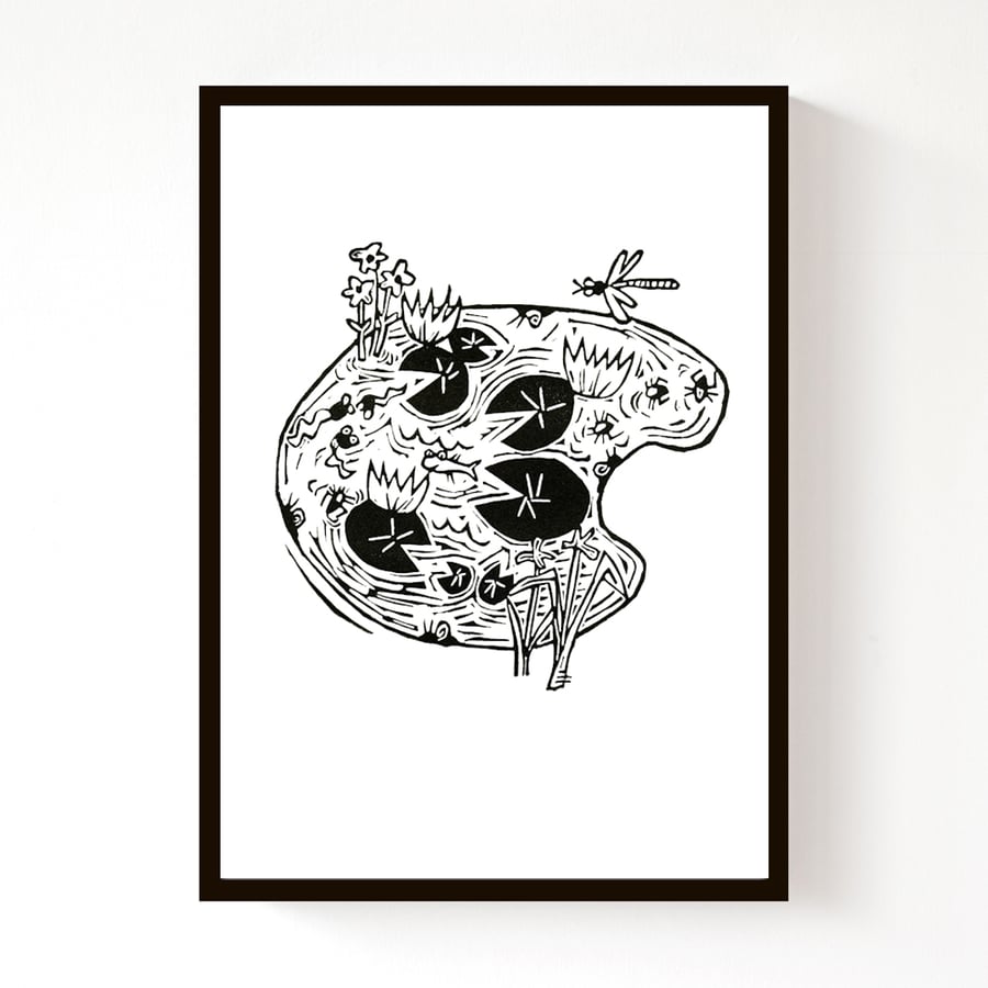  lino print - Pond Life
