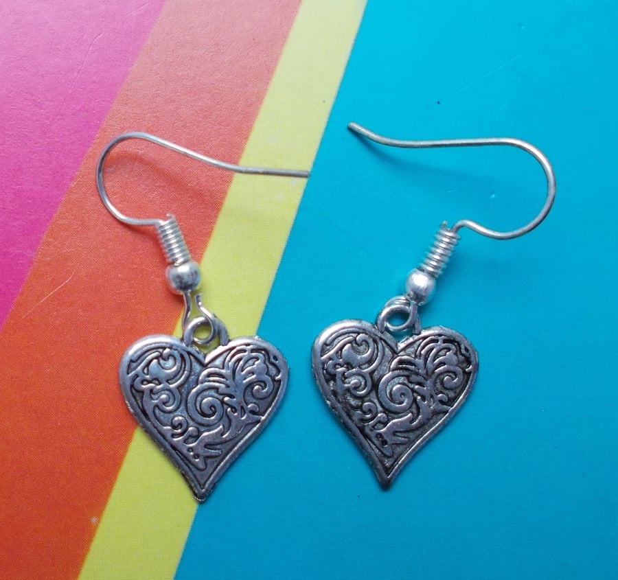 Tibetan Silver Embossed Heart Earrings