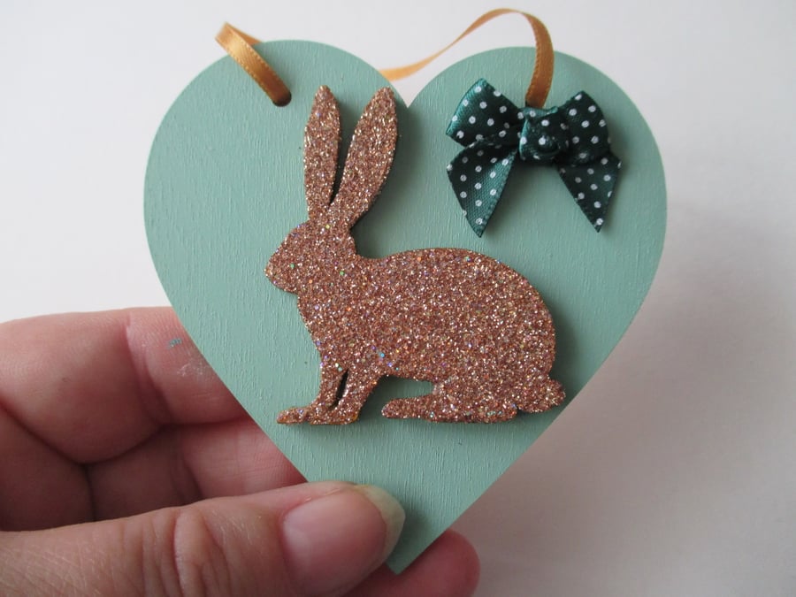 Bunny Rabbit Love Heart Hanging Decoration Green Gold Wood Wooden Glittery
