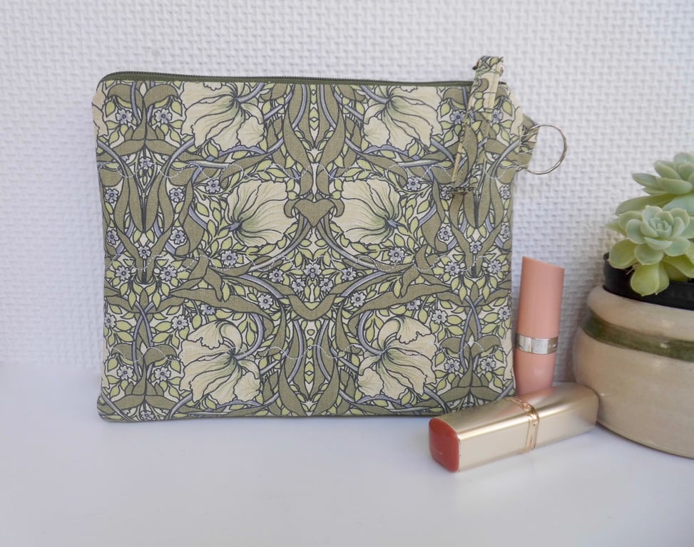 Make up bag in green Pimpernel fabric large size zipped