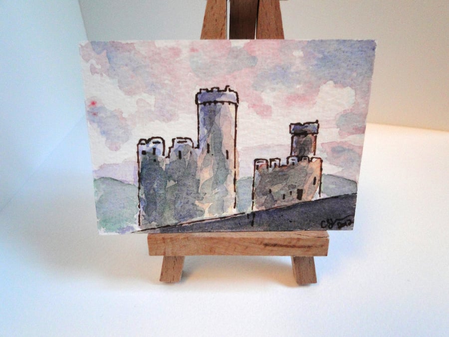 ACEO Art Castle Turrets Original Watercolour & Ink Painting OOAK 