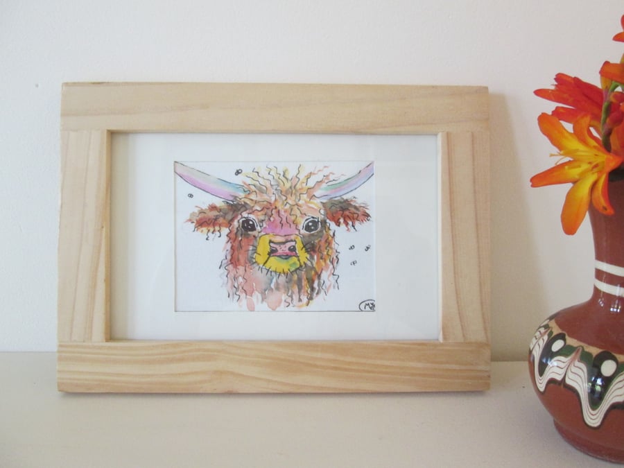 Cute Highland Cow ACEO, miniature original painting