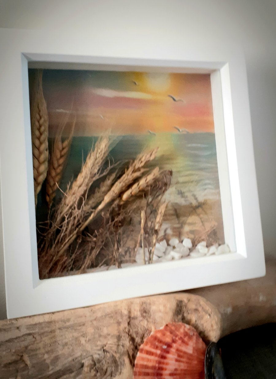Framed "Sunset and Seascape"...pastel drawing embellished with grasses and stone