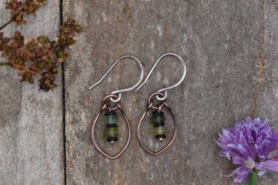 Scottish Sea Glass, Copper and Recycled Sterling Silver Earrings, Rustic