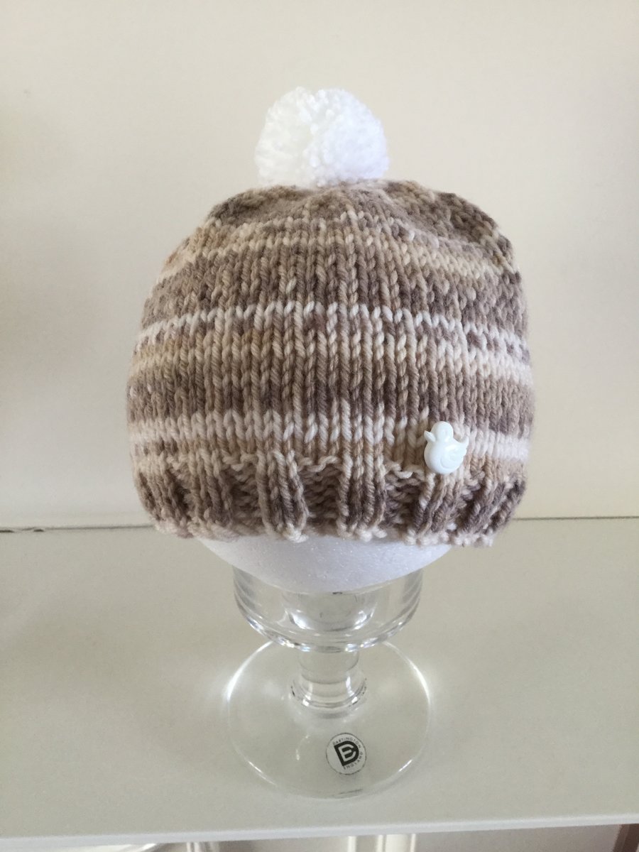 Handknitted Baby Pompom Hat in Neutral Colours