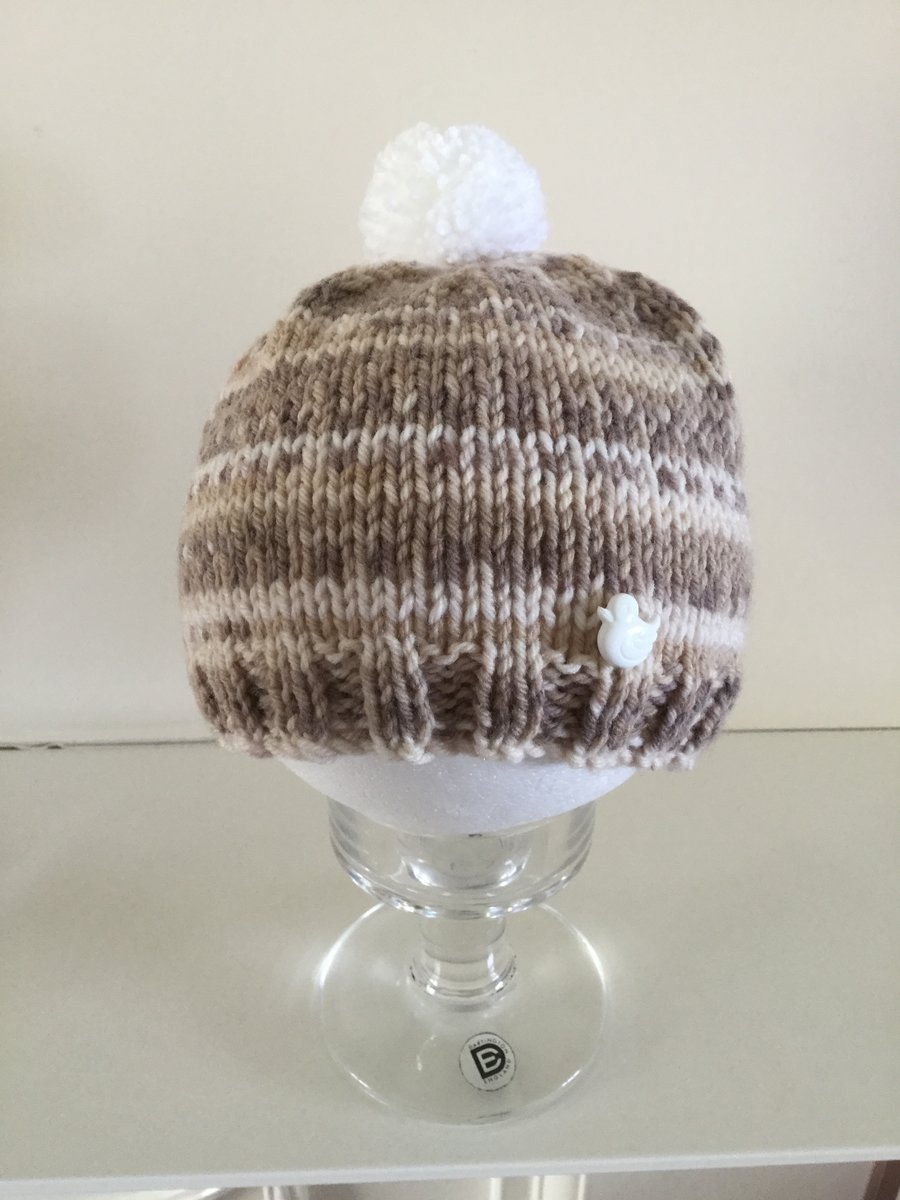 Handknitted Baby Pompom Hat in Neutral Colours