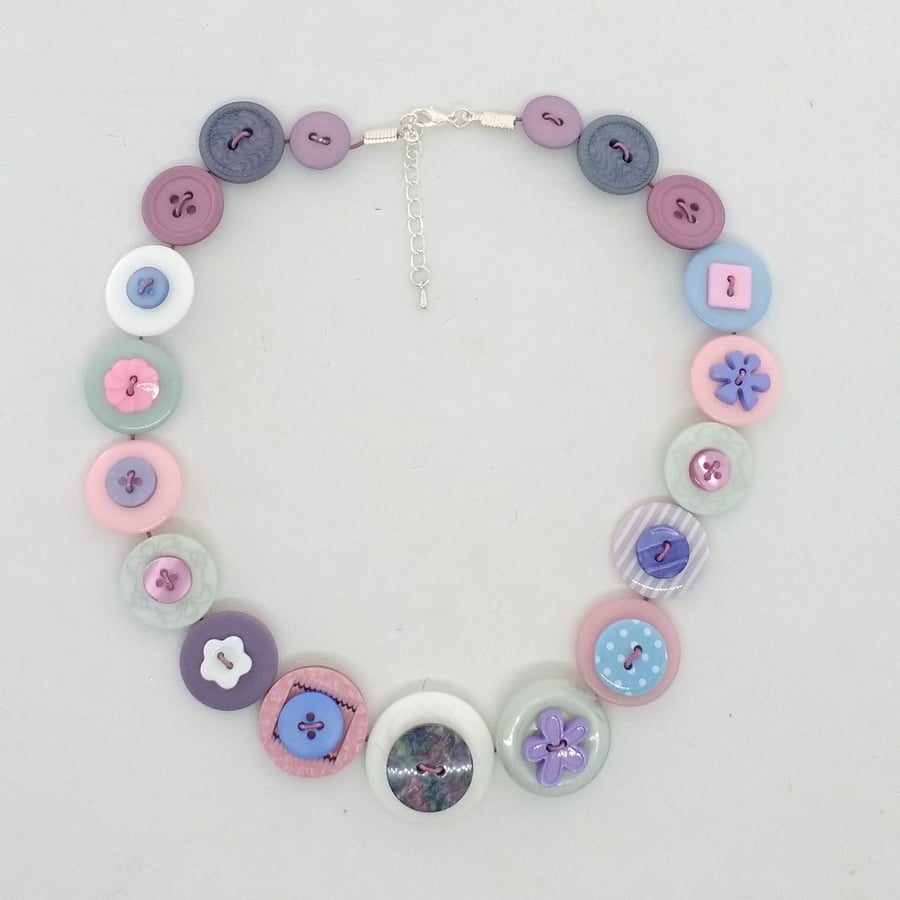Lilac, Blue and Pink Muted Shades Button Necklace