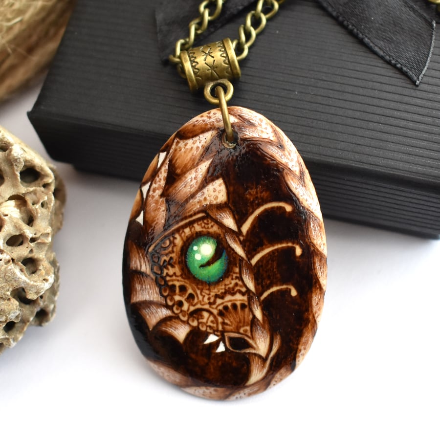 SALE Gears and cogs dragon. Steampunk wooden pyrography teardrop pendant.
