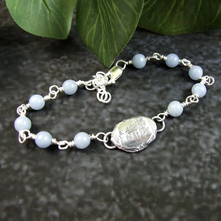 Angelite Bracelet. Sterling Silver with Recycled Silver Nugget Faith & Feather