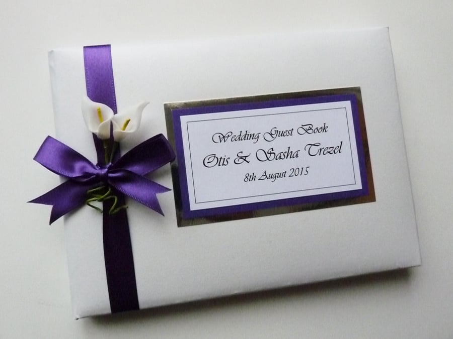 Wedding guest book with lilies, cadbury purple and white wedding guest book