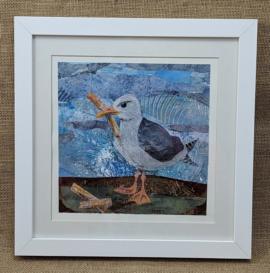 Seagull original collage and mixed media framed artwork 
