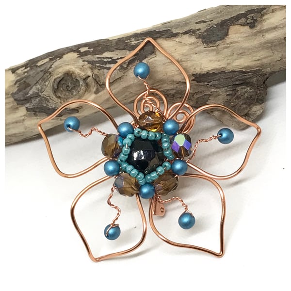 Copper Flower Brooch with Blue Pearls and Crystals