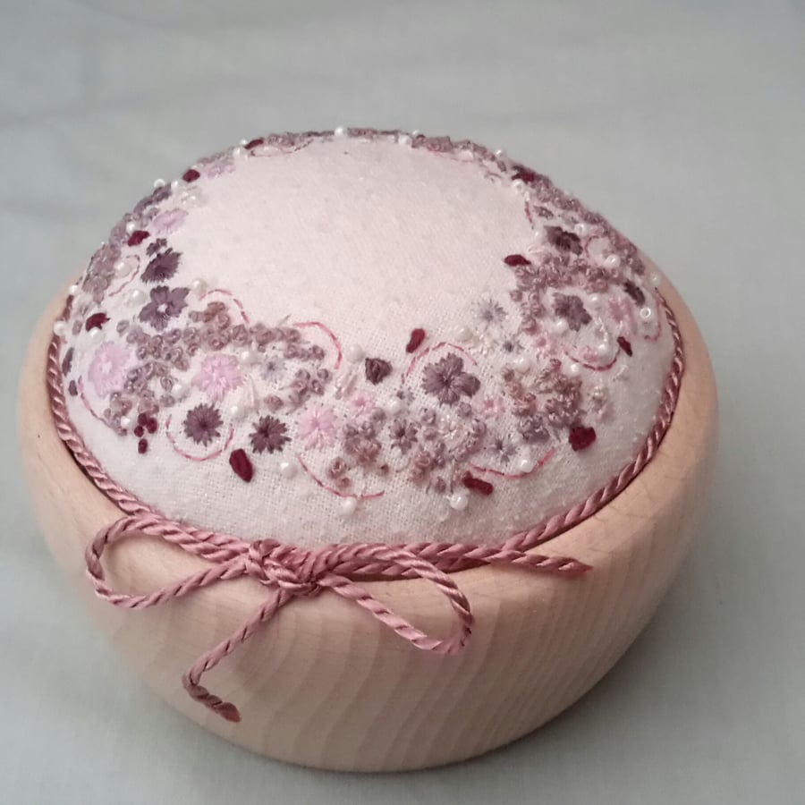 Hand Embroidered Pincushion, hand sewn pin cushion in wooden bowl, Mothers Day 