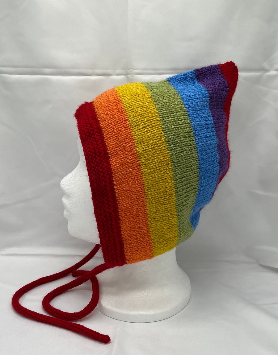 Rainbow striped pixie bonnet hat, adult, hand knitted