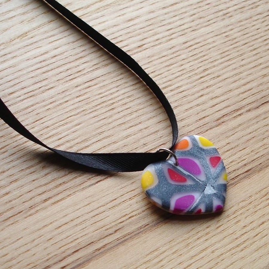 Mini Funky Heart FIMO Polymer Clay Pendant - Folksy