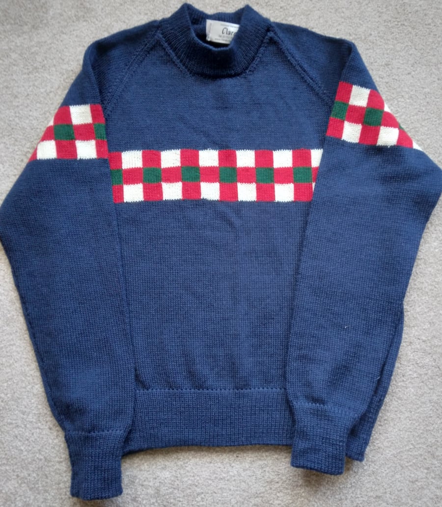 Chequered jumper in navy merino blend wool 40 ins (102cm)