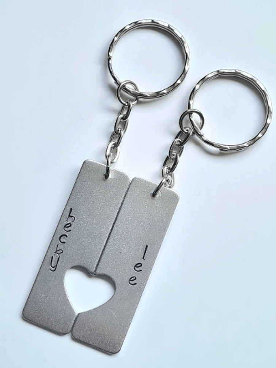 Personalised Name Mr Split Heart Metal Stamped Keyring, Wedding Anniversary Gift