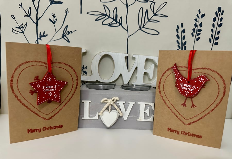 Pack of 2: tree bauble and card in one Christmas star and robin in love hearts 