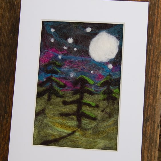 Needle felted picture - Northern Lights - Night sky - Aurora Borealis
