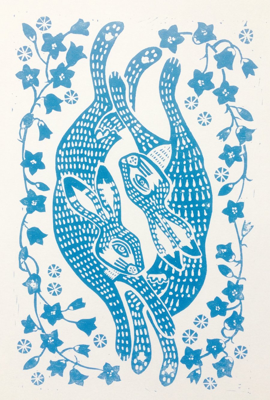 'Hares and Harebells' Springtime Lino Print