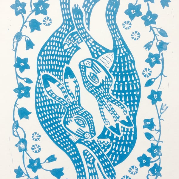 'Hares and Harebells' Springtime Lino Print