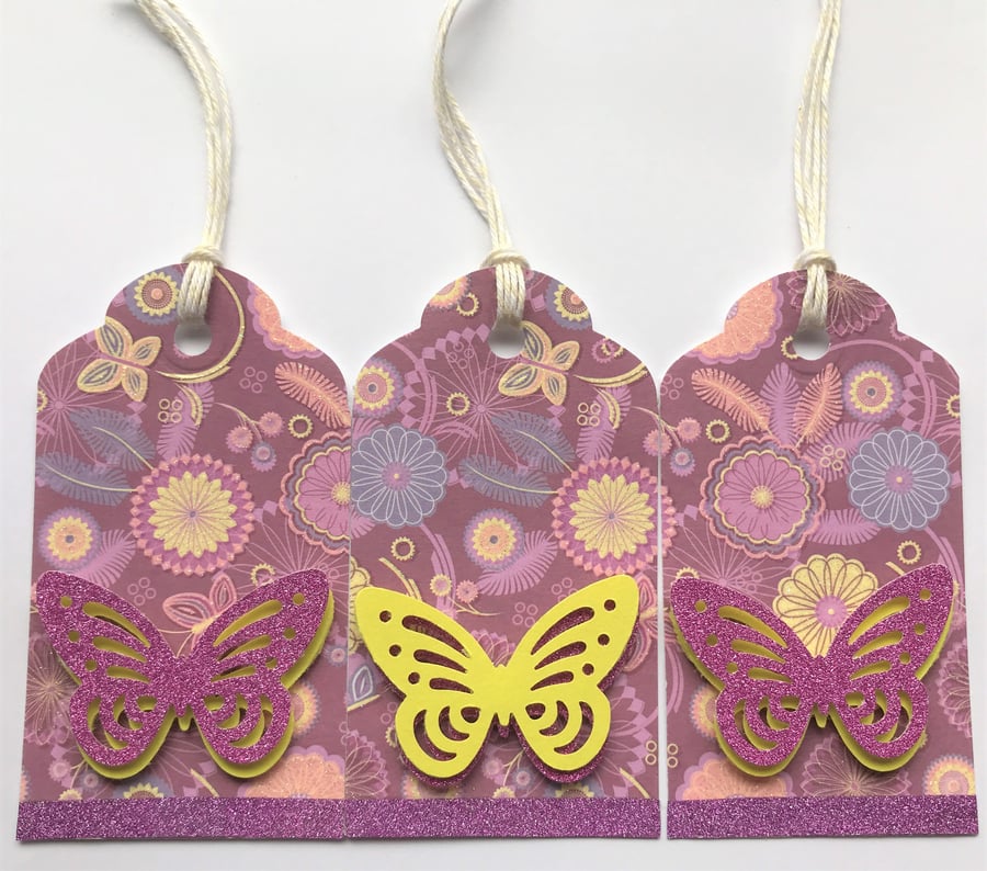 LUXURY SPARKLY Butterfly elegant purple yelllow gift tag set of 3 gift tags 