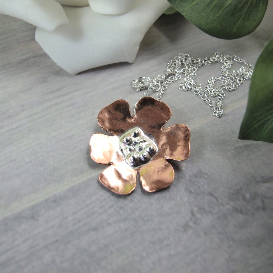 Flower Pendant, Sterling Silver and Copper Necklace