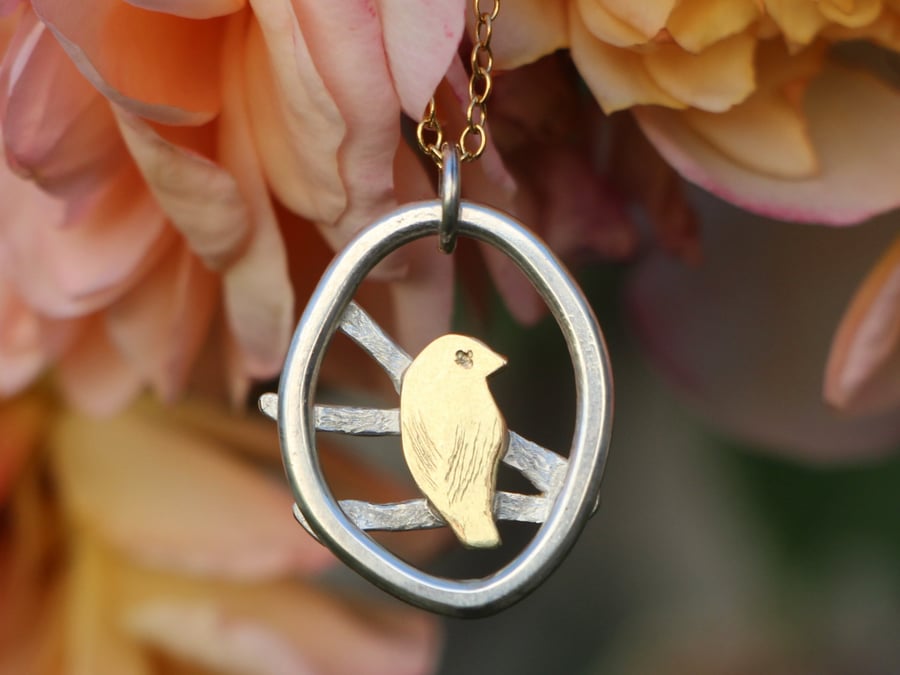 Recycled Silver Brass Textured Goldfinch Pendant Necklace