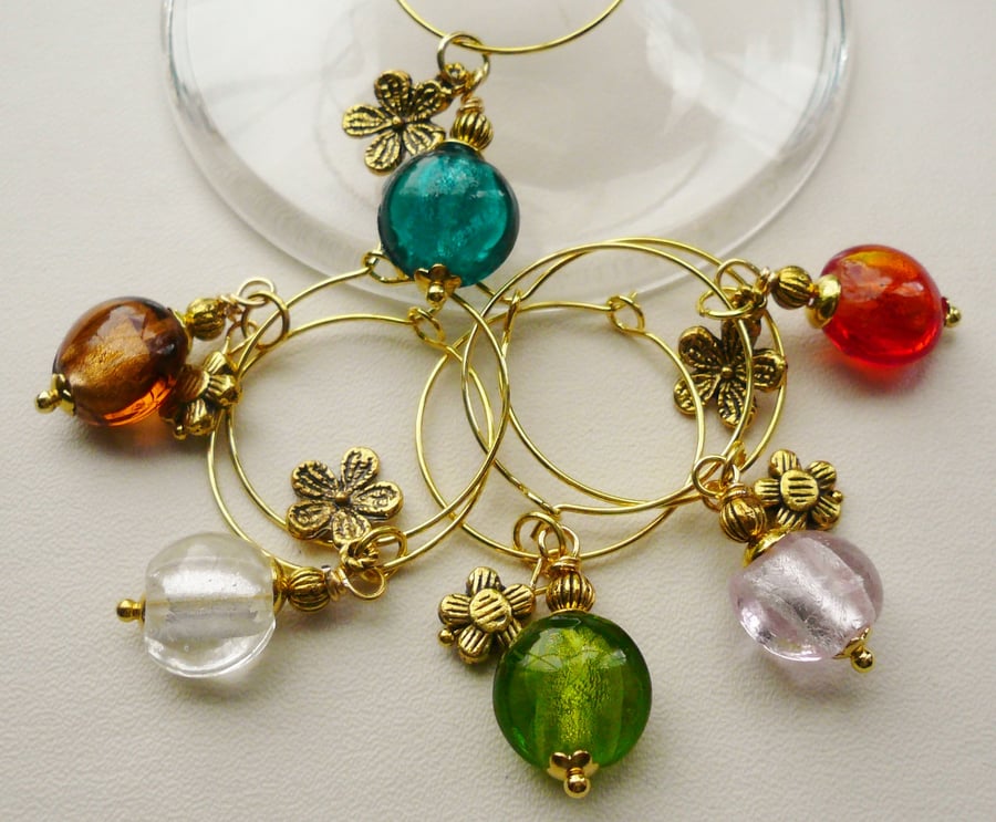 Wine Glass Charms Foil Lined Glass Bead Gold Tone Flower Themed  KCJ1440