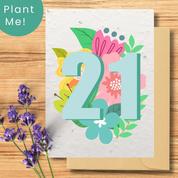 Plantable 21st Birthday Card, Eco friendly Seed Card, Floral Wildflower Card