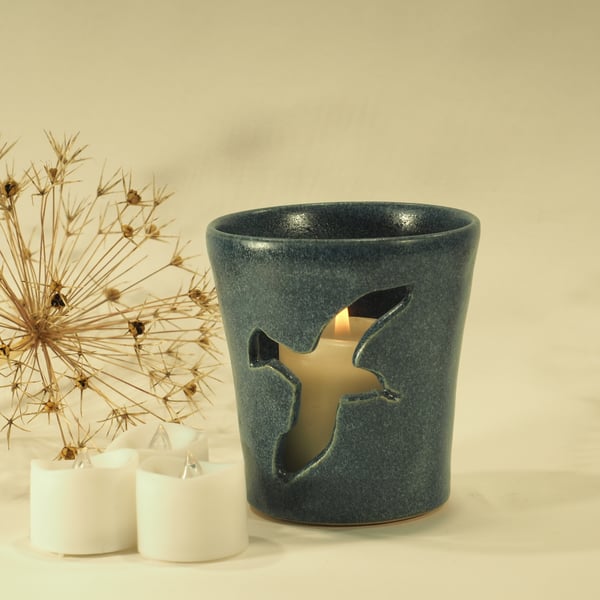 Grey Blue Candle Holder - single Seagull